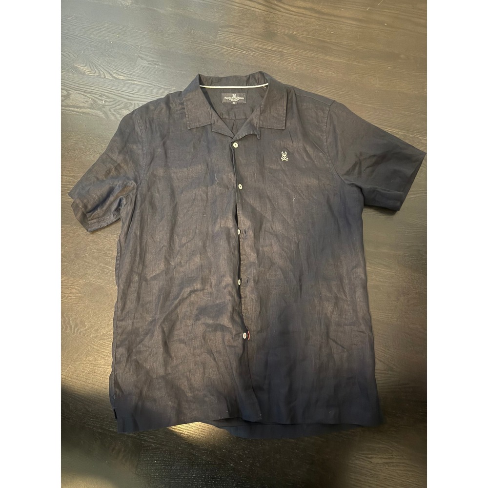 Psycho Bunny Mens XL Black 100% Linen Short Sleeve Button Up Camp Collar Shirt